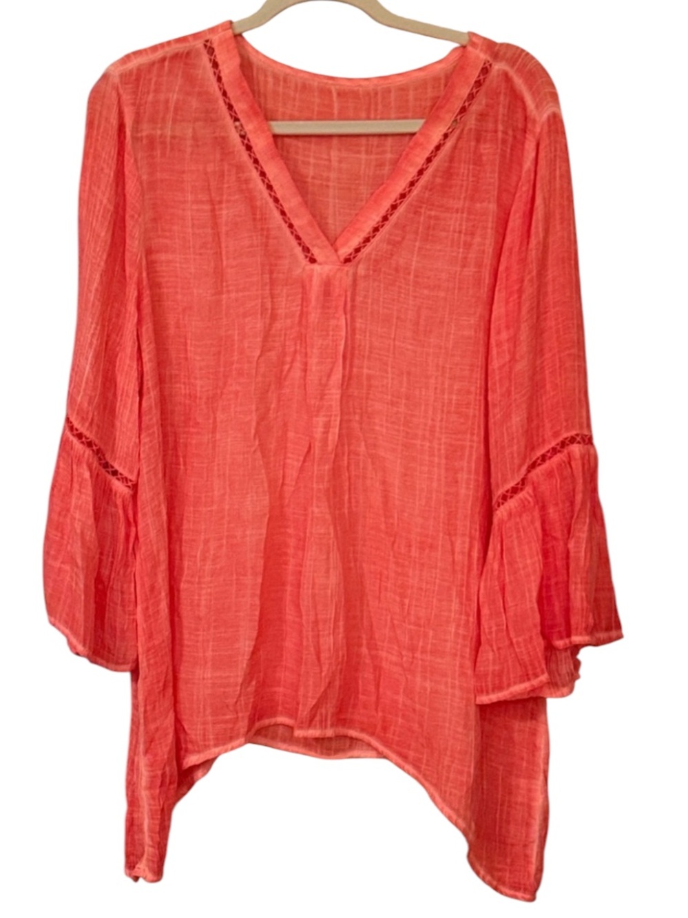 Macllyn Washed Look Tangerine Semi Flare Sleeves Top. Sz L